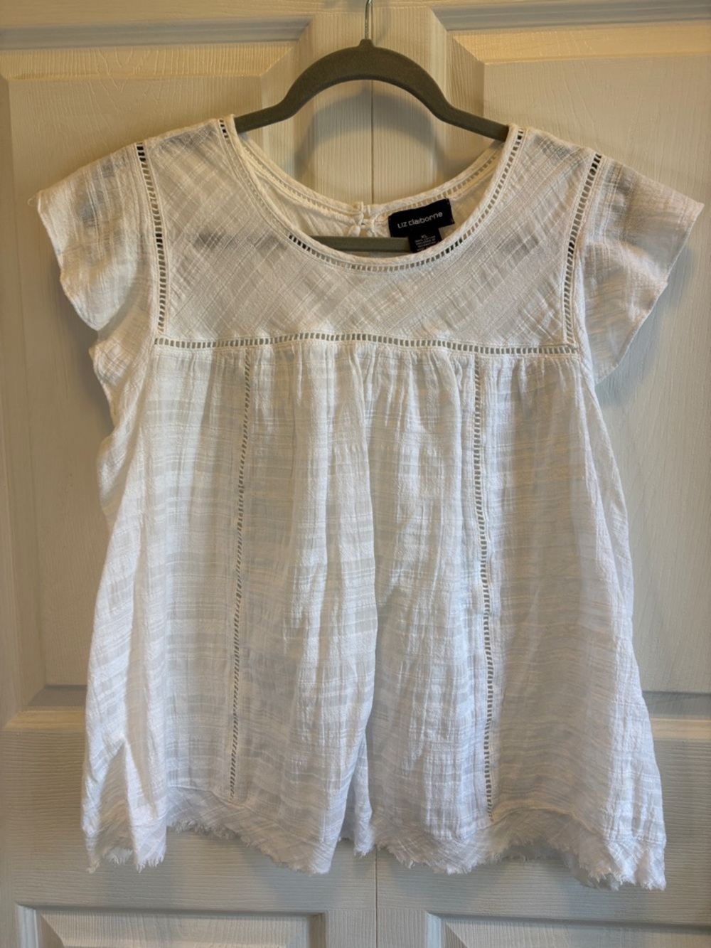 Liz Claiborne White Cotton Gauze Lace-Trim Blouse